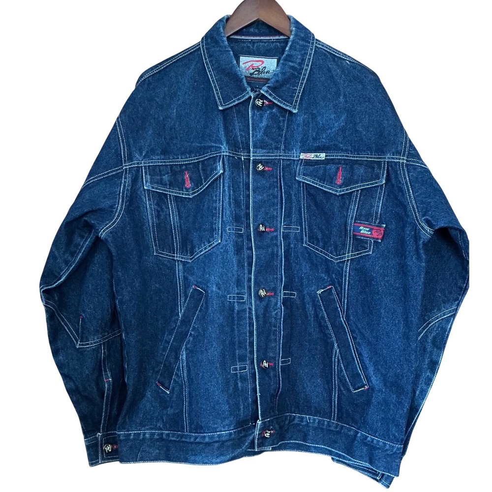 Y2K Raw Blue Mens Denim Jacket Streetwear Dark Wash Design‎ Stitching Logo SzL